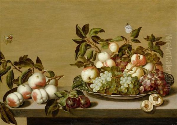 Fruit Still Life In A Porcelain Bowl On A Table With Insects. - view 1