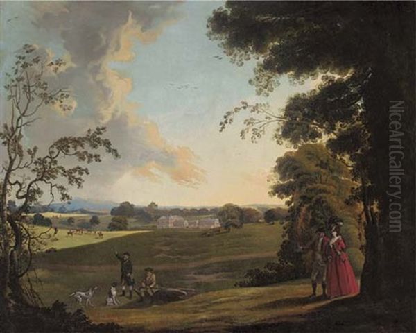 Elegant Figures And Huntsmen In An Extensive Landscape, With A Country House Beyond (waldershare Park, Kent?) - view 1