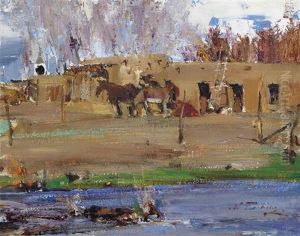 Horses Before An Adobe