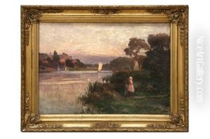 Stimmungsvolle Abendlandschaft Mit Liebespaar by Fritz Fechner