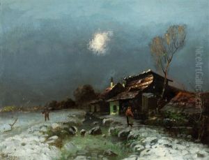 Winterlandschaft Mit Figurenstaffage Und Alter Kate Bei Mondschein by Otto Fedder