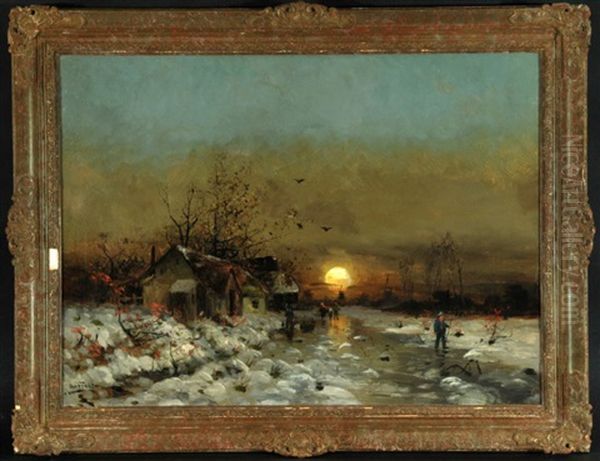 Abendstimmung Uber Weiter Winterlandschaft Mit Personen Und Windmuhlen - view 1