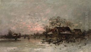Abendliche Winterlandschaft Mit Figuren Auf Einem Zugefrorenen See by Otto Fedder