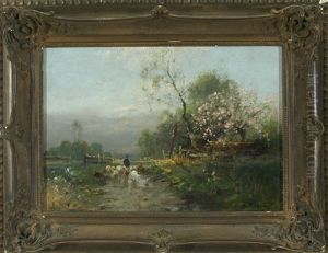 Schafer Mit Seiner Herde Auf Dem Nachhauseweg Bei Einbrechender Dunkelheit by Otto Fedder