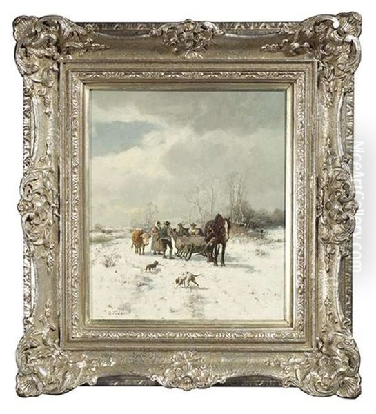 Winterliche Landschaft Mit Einem Pferdeschlitten Und Jagern Im Gesprach - view 1