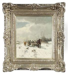 Winterliche Landschaft Mit Einem Pferdeschlitten Und Jagern Im Gesprach
