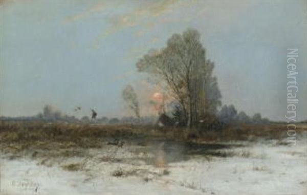 Aufsteigende Enten In Winterlicher Moorlandschaft - view 1