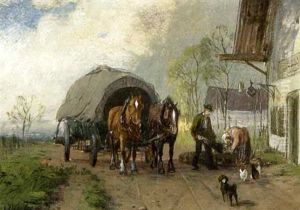 Pferdefuhrwerk Vor Der Dorfwirtschaft by Otto Fedder