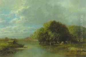 Fischer Im Kahn Und Kuhe Bei Der Tranke Am Flussufer by Otto Fedder