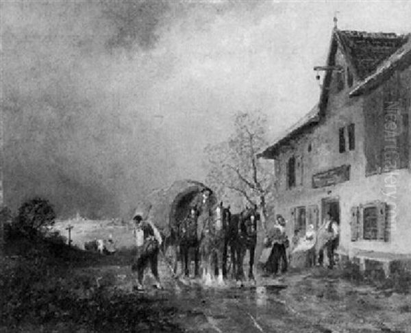 Pferdefuhrwerk Vor Einem Bayrischen Landgasthof - view 1