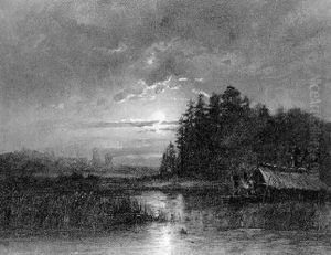 Fischerhutte Am See Bei Mondschein by Otto Fedder