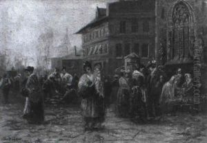 Markttreiben Auf Dem Platz Vor Einer Gotischen Kirche by Otto Fedder