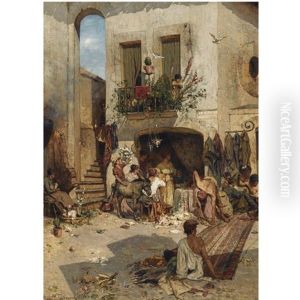 A Busy Italian Marketplace (piazza Tre Carreli) by Hans Peter Feddersen the Younger