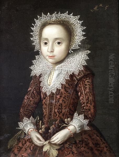 Portrait Of A Young Girl, Half-length, In A Red Embroidered Dress With Lace Collar, Cuffs And Headdress, Holding A Bunch Of Grapes - view 1