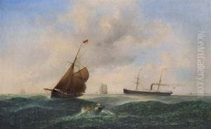 Bewegte See. Im Vordergrund Ein Ruderboot, Das Auf Einen Lotsenkutter Zuhalt, Im Hintergrund Der Dampfer "falke"