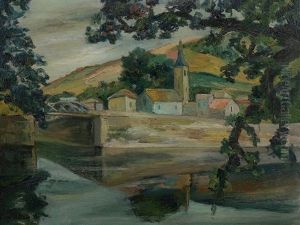 Village De Campagne En Bord De Riviere by Adolphe Feder