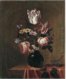 A Still Life Of Tulips, Roses, Hyacinths And Other Flowers, With A Red Admiral Butterfly, Arranged Upon A Table-top Partly Draped With A Red Cloth by Bartholomeus Assteyn