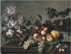 Still Life Of Peaches, Grapes And A Pear In A Blue And White Porcelain Bowl, Together With Variegated Tulips And Roses In A Glass Vase, Arranged Upon A Stone Ledge by Bartholomeus Assteyn