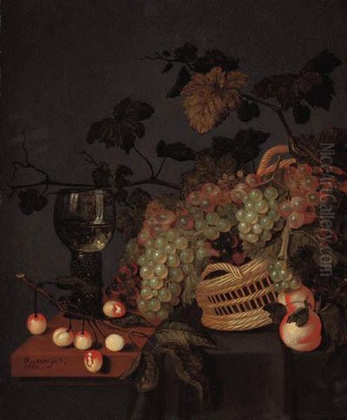 A Basket With Grapes, A Roemer And Cherries On A Partly Drapedledge - view 1