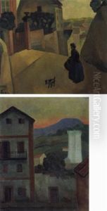 Street Scene With Woman And Dog by Adolphe Feder