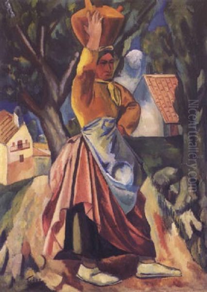 Woman Carrying A Jug In The Landscape - view 1