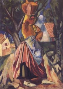 Woman Carrying A Jug In The Landscape by Adolphe Feder