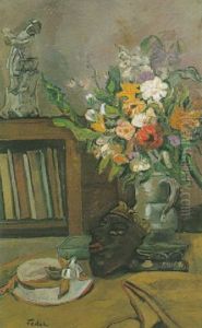 Nature Morte Au Bouquet De Fleurs Et Au Masque by Adolphe Feder