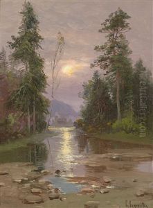 Flusslandschaft In Der Abenddammerung by Simeon Fedorovich Fedorov