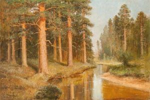 Russische Flusslandschaft Mit Birken by Simeon Fedorovich Fedorov