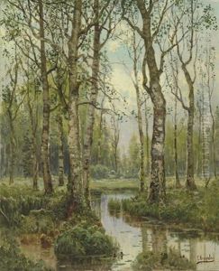 A Stream Running Through A Birch Wood A Stream Running Through A Birch Wood