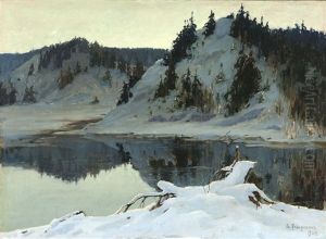 Evening Calm, Lake In Winter Landscape by Vladimir Nikolaevich Fedorovich