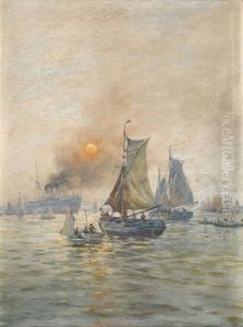 Schiffe Vor Hafen Bei Untergehender Sonne by Richard Fehdmer