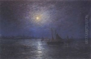 Fischerboote In Einer Mondnacht Vor Einer Stadtsilhouette by Richard Fehdmer