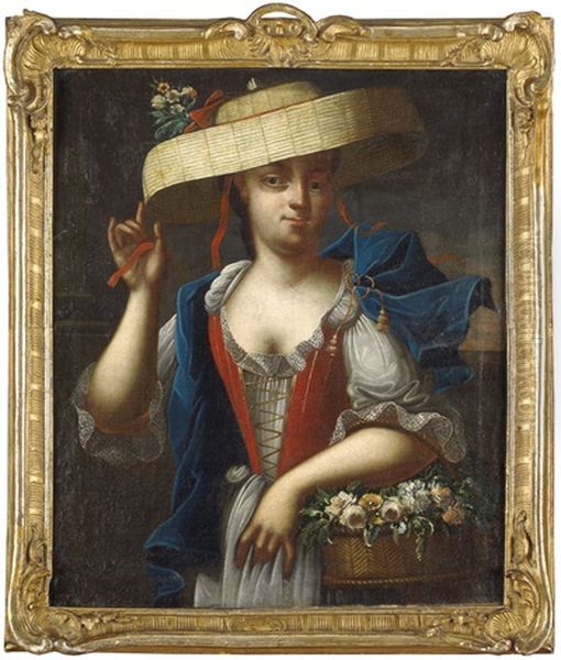 Bildnis Einer Dame Als Flora, Huftbildnis In Landlicher Tracht Mit Strohhut Und Blumenkorb - view 1