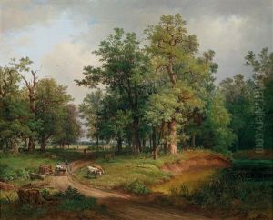 Idyllische Waldlandschaft Mit Fuhrwerk