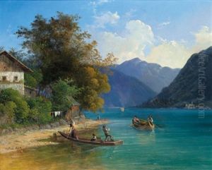 Partie An Einem Alpensee (salzkammergut?) by Joseph Feid