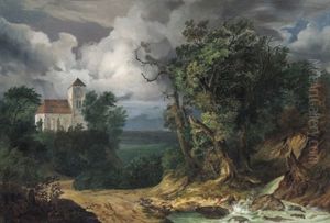 Gewitterstimmung Uber Einer Landschaft Mit Kirche