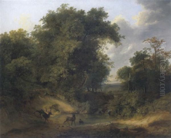 Landschaft Mit Rotwild An Der Furt - view 1