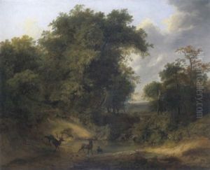 Landschaft Mit Rotwild An Der Furt