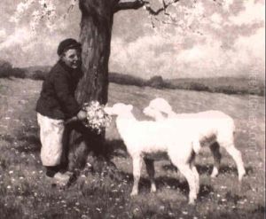 Young Boy Gathering Bouquet For Attendant Lambs by Karl Feiertag