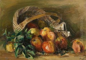 Still Life With A Basket Of Apples by Fritz Feigler