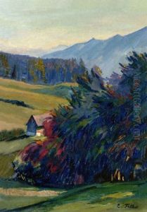 Hugelige Wiesenlandschaft, Im Hintergrund Berge