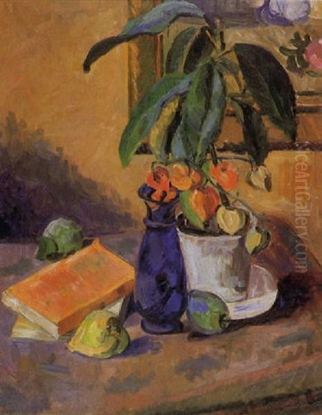 Stilleben Mit Lampionblumen In Blauer Vase - view 1