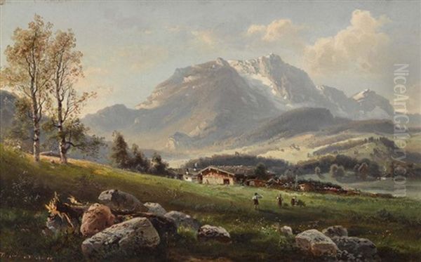 Gebirgslandschaft Mit Bauern Bei Der Heuernte - view 1