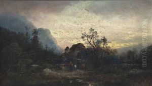 Riders Returning Home At Dusk (+ A Pool At Dusk; Pair) by Ferdinand Feldhuetter