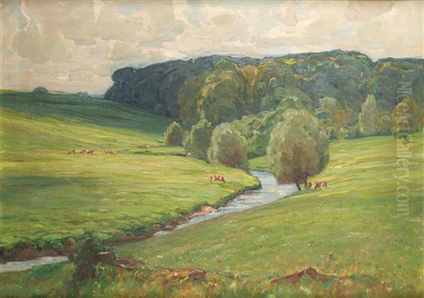 Sommerabend. Hugellandschaft Mit Kuhen Und Flusslauf - view 1