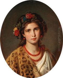 Portrait Of A Girl With Wreath Of Roses In Her Hair And Leopard Skin