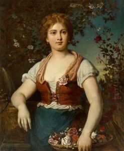 Dreiviertelportrait Eines Hubschen Jungen Madchens Mit Blumenkorb