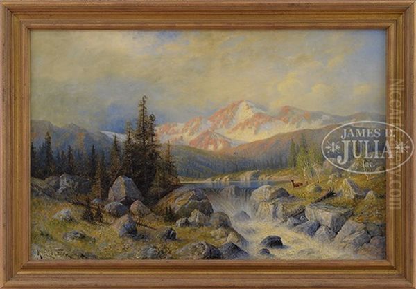 Landscape With Snowcapped Mountain, Waterfall And Deer - view 1