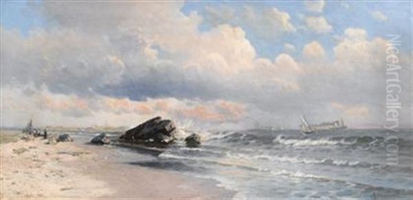 Figures On A Beach, Shipping, And A Town In The Distance - view 1